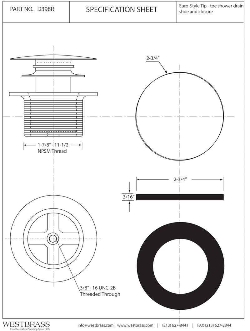Westbrass A398R-01 1-1/2" صمام تصريف حوض الاستحمام بخيوط خشنة على شكل فطر، نحاس مصقول - Image 5